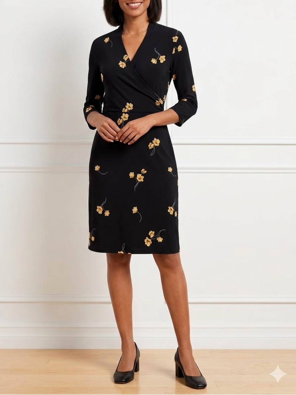 White House Black Market Black Midi Dress with Gold Floral Print